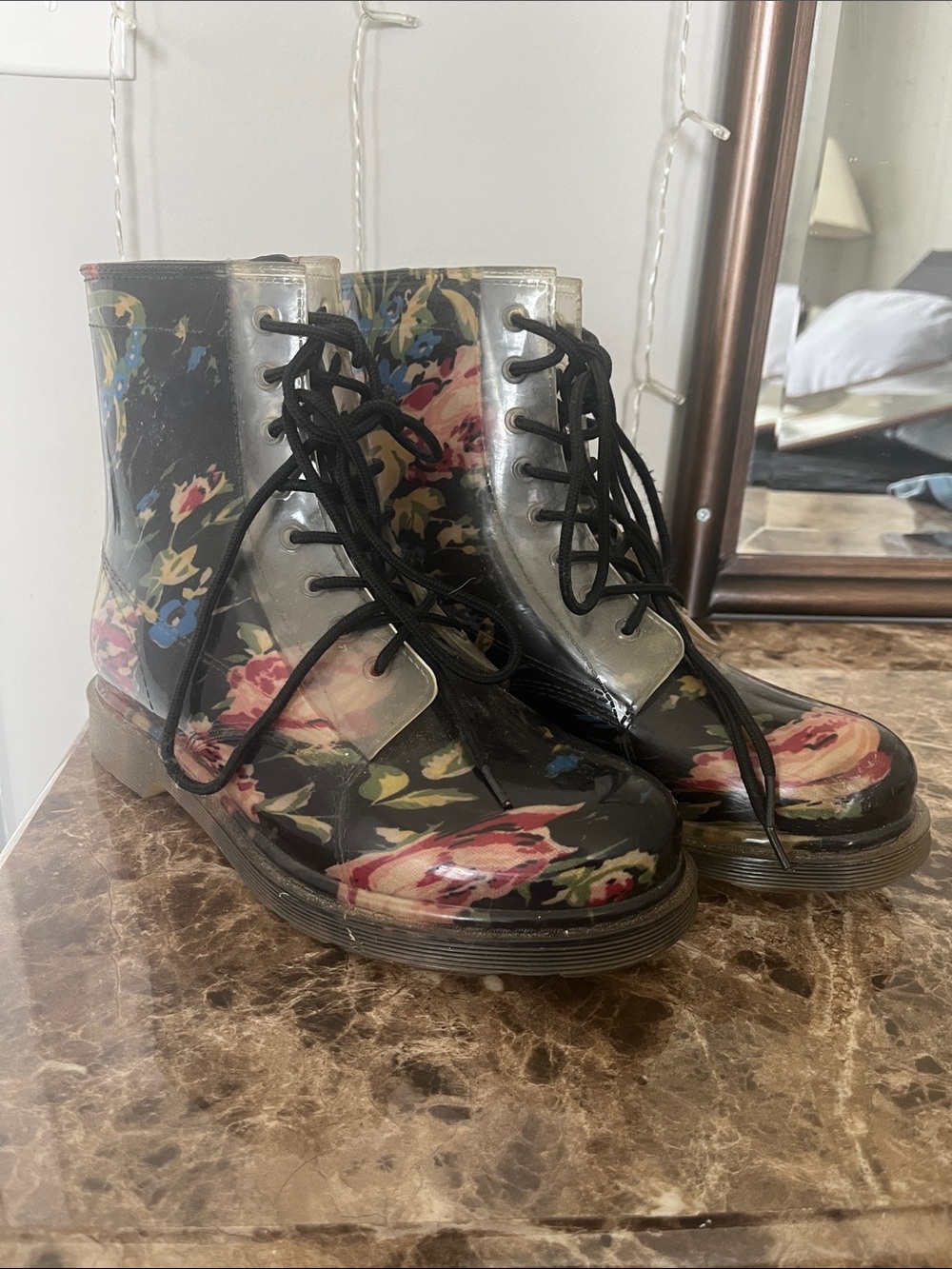 Women's Floral Lace-Up Ankle Rubber Boots - Black Pink